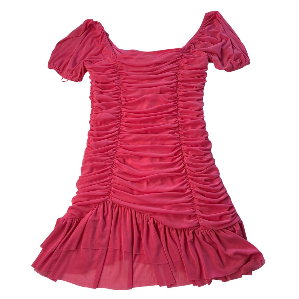 Chelsea & Violet Pink Ruched Mini Dress Puff Sleeve Ruffle Hem XL Barbiecore